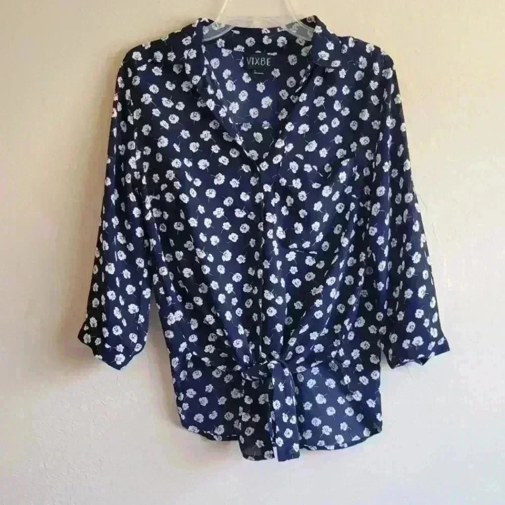Vixbe navy floral print button up tie front blouse size small 3/4 Sleeves